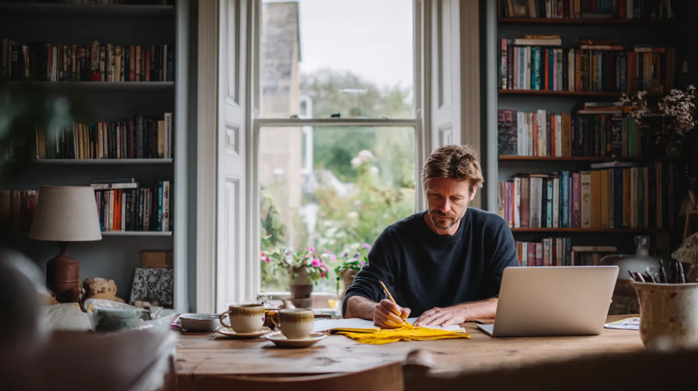 Man working at wooden desk with laptop in home library, surrounded by bookshelves and natural light from large windows.