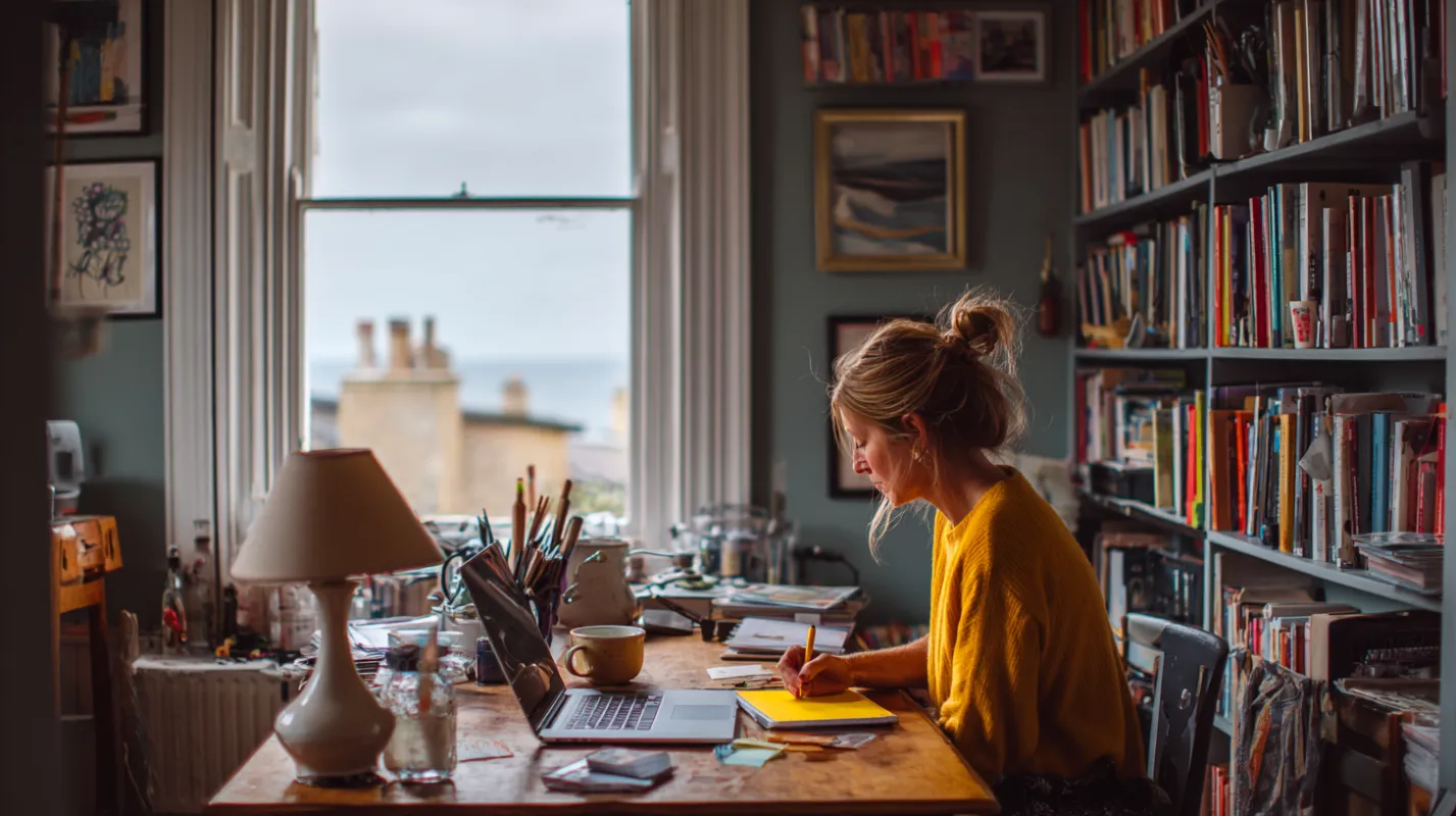 Woman in yellow sweater working at wooden desk with laptop, surrounded by bookshelves, lamp, and ocean view through large windows.