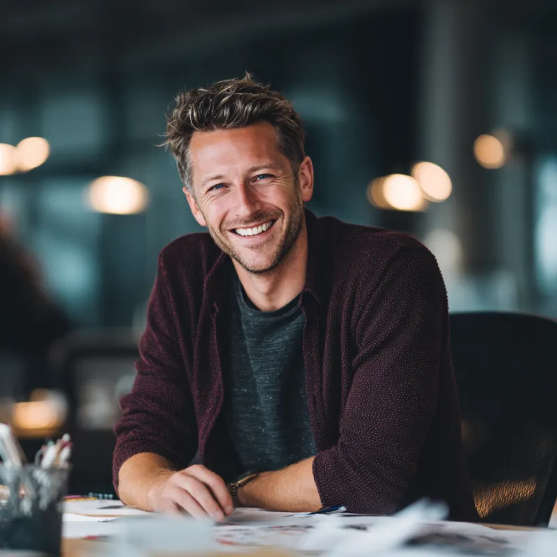 Smiling man in maroon cardigan at desk with papers, bokeh office background.