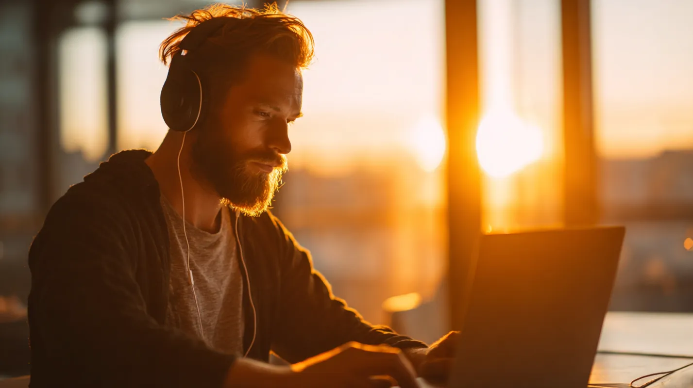 Man with beard wearing headphones and working on laptop during golden hour sunset, backlit by warm sunlight indoors.