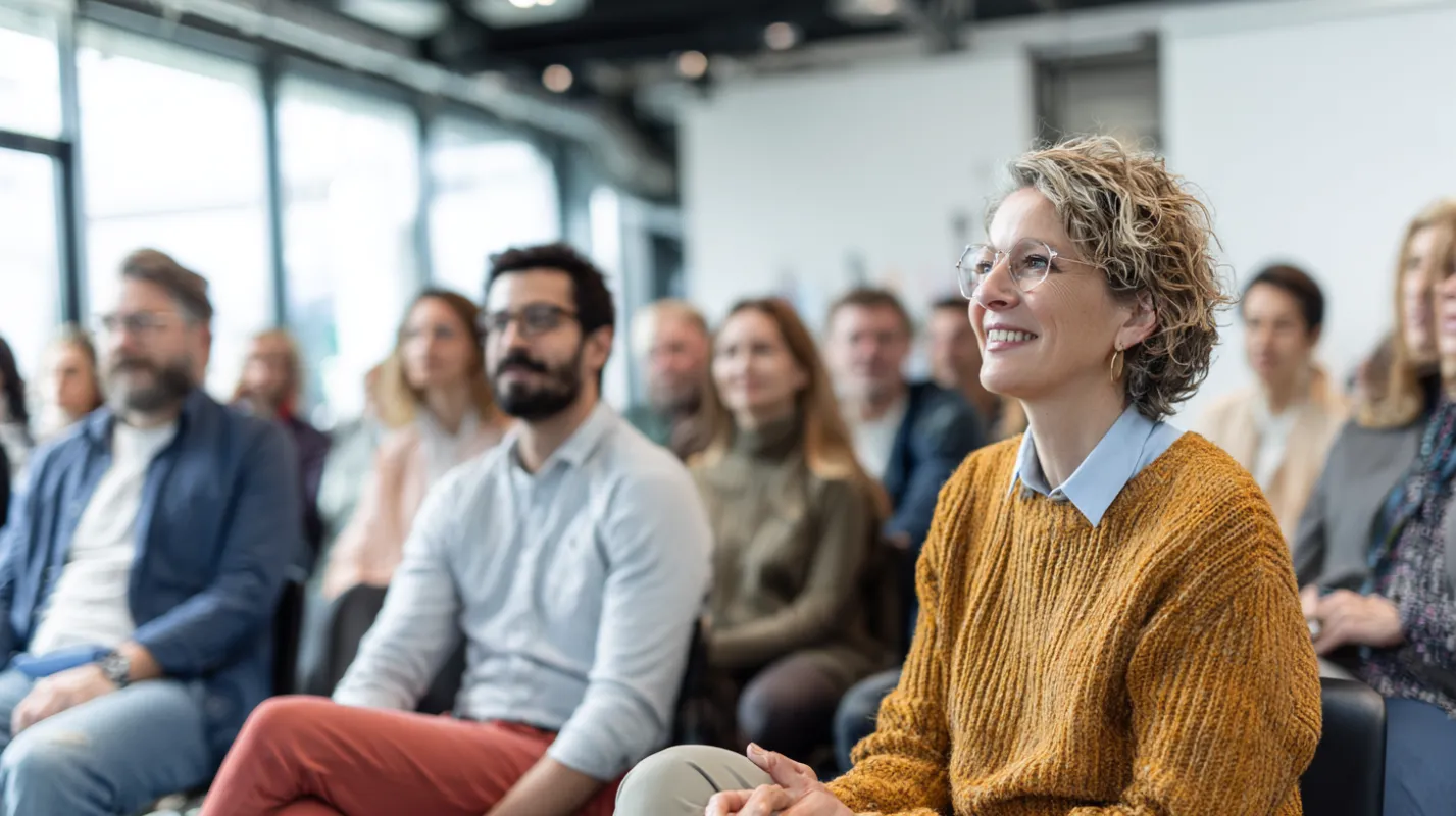 Woman in yellow sweater smiling during a group presentation or meeting in a modern office with seated attendees.