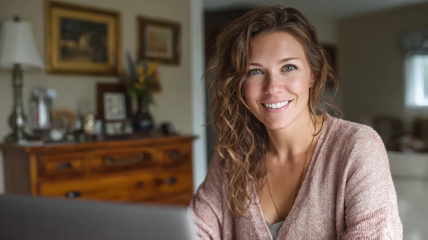 Woman with wavy brown hair smiling at camera in home interior with wooden dresser and framed artwork on wall.